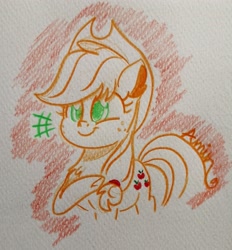 Size: 2856x3071 | Tagged: safe, artist:c.a.m.e.l.l.i.a, imported from derpibooru, applejack, adorable face, cute, happy, high res, jackabetes, simple background, smiling, traditional art