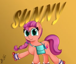 Size: 2048x1725 | Tagged: safe, artist:daftramms, artist:daftramms0, imported from derpibooru, sunny starscout, earth pony, pony, badge, bag, braid, cute, female, g5, looking at you, mare, roller skates, signature, smiling, solo, sunnybetes, text