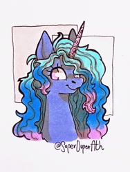 Size: 1536x2048 | Tagged: safe, artist:superduperath, imported from derpibooru, izzy moonbow, pony, unicorn, bust, cute, female, g5, izzybetes, looking at you, mare, signature, smiling, solo, traditional art