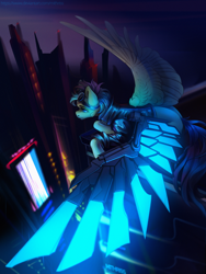 Size: 3000x4000 | Tagged: safe, artist:mithriss, imported from derpibooru, oc, oc only, oc:adroga, pegasus, pony, amputee, artificial wings, augmented, city, clothes, commission, cyberpunk, flying, goggles, jacket, leather jacket, prosthetic limb, prosthetic wing, prosthetics, solo, spread wings, twilight (astronomy), wings