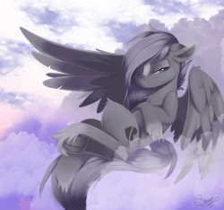 Size: 1280x1200 | Tagged: safe, artist:sketchiix3, imported from derpibooru, oc, oc only, oc:sacred blade, pegasus, pony, chest fluff, cloud, commission, frog (hoof), hoofbutt, lidded eyes, male, on a cloud, sitting, sitting on a cloud, sitting on cloud, solo, spread wings, stallion, underhoof, wings