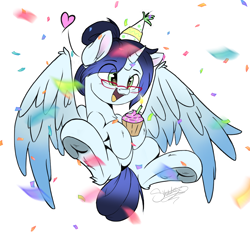 Size: 1280x1200 | Tagged: safe, artist:sketchiix3, imported from derpibooru, oc, oc only, alicorn, pony, alicorn oc, candle, colored underhoof, confetti, cupcake, eye clipping through hair, eyebrows, eyebrows visible through hair, food, frog (hoof), glasses, hat, heart, horn, open mouth, party hat, smiling, solo, spread wings, underhoof, wings