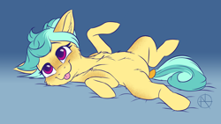 Size: 4000x2250 | Tagged: safe, artist:klarapl, imported from derpibooru, oc, oc only, oc:karoline skies, earth pony, pony, belly, chest fluff, cute, ear fluff, female, lying down, mare, ocbetes, on back, smiling, solo, tail wrap, tongue out