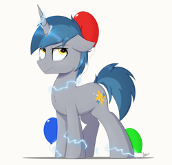 Size: 2000x1921 | Tagged: safe, artist:arcane-thunder, imported from derpibooru, imported from ponybooru, oc, oc only, oc:arcane thunder, pony, unicorn, annoyed, atg 2021, balloon, floppy ears, male, newbie artist training grounds, simple background, solo, stallion, static, static electricity, white background