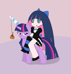 Size: 573x600 | Tagged: safe, artist:dstears, imported from derpibooru, twilight sparkle, human, pony, unicorn, anarchy stocking, angel, apple, candy apple (food), carrot on a stick, clothes, dress, food, frown, gradient background, gray background, lidded eyes, open mouth, panty and stocking with garterbelt, simple background, smiling, socks, stockinglight, stockings, striped socks, sword, thigh highs, unamused, unicorn twilight, wat, weapon