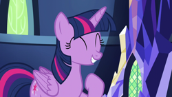 Size: 1280x720 | Tagged: safe, imported from derpibooru, screencap, twilight sparkle, alicorn, pony, made in manehattan, season 5, ^^, cute, daaaaaaaaaaaw, eyes closed, female, folded wings, mare, smiling, solo, twiabetes, twilight sparkle (alicorn), twilight's castle, wings