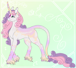 Size: 926x828 | Tagged: safe, alternate version, artist:malinraf1615, imported from derpibooru, sweetie belle, classical unicorn, pony, unicorn, cloven hooves, ear piercing, earring, eyeshadow, female, horn, horn ring, jewelry, leg fluff, leonine tail, makeup, mare, markings, older, older sweetie belle, piercing, redesign, ring, smiling, solo, unshorn fetlocks
