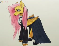 Size: 2804x2187 | Tagged: safe, artist:rover, artist:rrrover, imported from derpibooru, fluttershy, pegasus, pony, fake it 'til you make it, clothes, dress, goth, gothic fluttershy, high res, makeup, solo, traditional art