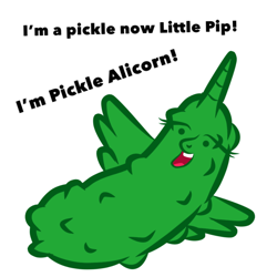 Size: 1000x1000 | Tagged: safe, artist:pizzamovies, imported from derpibooru, fallout equestria, artificial alicorn, dialogue, food, green alicorn (fo:e), horn, pickle, pickle rick, thanks i hate it