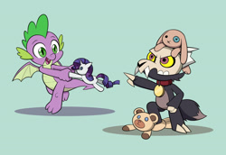 Size: 1600x1100 | Tagged: safe, artist:mew-me, imported from derpibooru, rarity, spike, bear, dragon, pony, rabbit, unicorn, animal, blue background, broken horn, collar, crossover, francois, horn, king (the owl house), king clawthorne, male, open mouth, pet tag, plushie, simple background, skull, teddy bear, the owl house, titan, toy, winged spike, wings