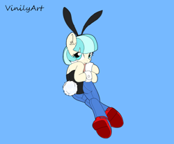 Size: 772x641 | Tagged: safe, artist:vinilyart, imported from derpibooru, coco pommel, earth pony, pony, rabbit, animal, animal costume, blue background, bunny costume, bunny suit, clothes, cocobetes, costume, cute, looking at you, playboy bunny, simple background, solo