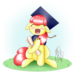 Size: 2000x1980 | Tagged: safe, artist:magicbriz, imported from derpibooru, apple bloom, pony, adorabloom, atg 2021, blushing, crying, cute, female, filly, floppy ears, graduation, graduation cap, happy, hat, mawshot, newbie artist training grounds, open mouth, signature, simple background, solo, tears of joy, transparent background, volumetric mouth