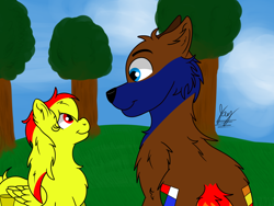 Size: 1600x1200 | Tagged: safe, artist:jay_wackal, imported from derpibooru, oc, oc only, oc:marmalade, oc:rubik, fox, pegasus, pony, chest fluff, ear fluff, tree