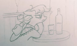 Size: 1815x1086 | Tagged: safe, artist:saby, derpibooru exclusive, imported from derpibooru, applejack, pony, alternate hairstyle, bags under eyes, bottle, bust, commission, drunk, ears back, glass, go home you're drunk, hair bun, hangover, henri de toulouse-lautrec, implied alcoholism, indoors, leaning forward, lineart, looking away, monochrome, older, pastiche, pencil drawing, sitting, solo, table, traditional art, unamused