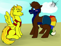 Size: 1600x1200 | Tagged: safe, artist:jay_wackal, imported from derpibooru, oc, oc:marmalade, oc:rubik, earth pony, pegasus, pony, blushing, clothes, swimming trunks, swimsuit