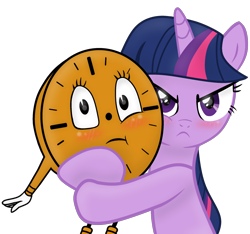 Size: 1880x1763 | Tagged: safe, artist:grapefruit-face, imported from derpibooru, twilight sparkle, pony, angry, base used, blushing, clock, crossover, duo, duo female, female, frown, hug, loki (tv series), looking at you, mare, marvel cinematic universe, miss minutes, protecting, shipping, show accurate, simple background, tara strong, transparent background, voice actor joke, voice actor reference