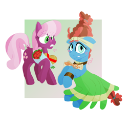 Size: 1024x1024 | Tagged: safe, artist:skulljooce, imported from derpibooru, cheerilee, meadowbrook, earth pony, pony, bouquet, candy, clothes, female, flower, food, mare, scroll, simple background