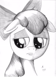 Size: 2514x3467 | Tagged: safe, artist:rameslack, imported from derpibooru, apple bloom, earth pony, pony, bow, female, filly, floppy ears, hair bow, high res, monochrome, sad, solo, traditional art