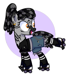 Size: 1611x1828 | Tagged: safe, artist:c1trine, artist:v0dka_, imported from derpibooru, oc, oc only, oc:wylde rush, pony, zebra, chains, clothes, commission, dreadlocks, ear piercing, earring, eyebrow piercing, female, jewelry, open mouth, piercing, raised leg, roller skates, shirt, shorts, socks, solo, striped socks, t-shirt, torn clothes, ych result, zebra oc