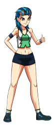 Size: 1304x3000 | Tagged: safe, artist:artemis-polara, imported from derpibooru, indigo zap, equestria girls, arm band, belly button, belly piercing, bellyring, breasts, clothes, ear piercing, earring, jewelry, piercing, shirt, shoes, shorts, simple background, smiling, socks, solo, thumbs up, transparent background
