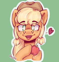 Size: 1200x1250 | Tagged: safe, artist:scribleydoodles, imported from derpibooru, applejack, earth pony, pony, apple, applejack's hat, cowboy hat, cute, female, food, freckles, green background, hat, heart, jackabetes, looking at you, mare, open mouth, simple background, solo