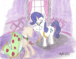 Size: 1280x998 | Tagged: safe, artist:pianoflagerag, imported from derpibooru, rarity, pony, unicorn, atg 2021, carousel boutique, clothes, crying, dress, embarrassed, mannequin, newbie artist training grounds, traditional art
