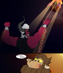 Size: 1111x1294 | Tagged: safe, artist:teanorthlight, imported from derpibooru, lord tirek, scorpan, centaur, gargoyle, twilight's kingdom, 2 panel comic, brothers, chains, comic, crying, dragging, duo, duo male, fanfic art, male, siblings, tartarus