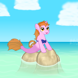 Size: 1500x1500 | Tagged: safe, artist:phallen1, imported from derpibooru, oc, oc only, oc:maya northwind, merpony, pony, seapony (g4), unicorn, atg 2018, bra, clothes, cloud, dorsal fin, fish tail, newbie artist training grounds, ocean, open mouth, orange eyes, seaponified, seashell bra, sky, smiling, solo, species swap, tail, underwear, water