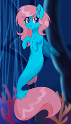 Size: 1855x3232 | Tagged: safe, artist:sannykat, imported from derpibooru, oc, oc only, seapony (g4), clothes, collar, coral, dorsal fin, eyelashes, female, fin wings, fins, fish tail, flowing tail, looking at you, ocean, pink mane, purple eyes, seaquestria, see-through, smiling, solo, tail, underwater, water, wings