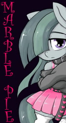 Size: 380x707 | Tagged: safe, artist:a.s.e, imported from derpibooru, marble pie, earth pony, pony, semi-anthro, bipedal, black background, clothes, cute, female, females only, frown, hair over one eye, looking at you, marblebetes, mare, simple background, skirt, solo