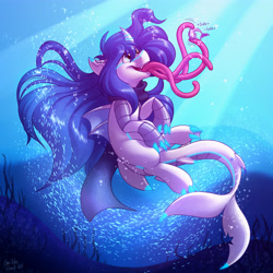 Size: 4000x4000 | Tagged: safe, artist:sugaryviolet, imported from derpibooru, oc, oc only, oc:prince nova, hybrid, merpony, blue mane, bubble, dorsal fin, fangs, fish tail, flowing mane, flowing tail, looking up, ocean, open mouth, seaweed, solo, sunlight, swimming, tail, tickling, tongue out, underwater, water