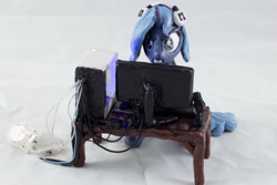 Size: 1280x854 | Tagged: safe, artist:azgchip, imported from derpibooru, princess luna, alicorn, pony, gamer luna, angry, computer, craft, female, headphones, mare, monitor, photo, s1 luna, sculpture, solo, table, wires