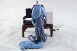 Size: 1280x854 | Tagged: safe, artist:azgchip, imported from derpibooru, princess luna, alicorn, pony, gamer luna, both cutie marks, butt, computer, craft, female, folded wings, headphones, keyboard, mare, microphone, monitor, moonbutt, photo, s1 luna, sculpture, sitting, solo, table, wings