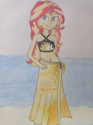 Size: 2992x4000 | Tagged: safe, artist:nathanamiel, imported from derpibooru, sunset shimmer, human, equestria girls, beach, belly button, bikini, clothes, ecchi, sarong, swimsuit, traditional art