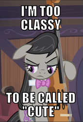 Size: 411x600 | Tagged: safe, edit, edited screencap, editor:twi clown, imported from derpibooru, screencap, octavia melody, earth pony, pony, season 5, slice of life (episode), blatant lies, bowtie, caption, cello, cropped, cute, denial's not just a river in egypt, female, floppy ears, i'm not cute, image macro, mare, musical instrument, octavia is not amused, solo, tavibetes, text, tsundere, tsuntavia, unamused