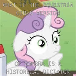 Size: 1181x1181 | Tagged: safe, imported from derpibooru, screencap, sweetie belle, pony, unicorn, equestria girls, ponyville confidential, caption, exploitable meme, female, filly, g4, image macro, implied king sombra, implied sombra, mammal, meme, obligatory pony, solo, sudden clarity sweetie belle, text