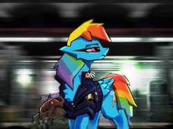 Size: 1890x1417 | Tagged: safe, artist:imadeus, imported from derpibooru, rainbow dash, backpack, clothes, food, glasses, looking away, subway, uniform