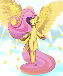 Size: 1397x1700 | Tagged: safe, artist:imadeus, imported from derpibooru, fluttershy, eyes closed, feather, female, frog (hoof), large wings, sky, solo, spread wings, underhoof, wings