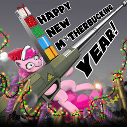 Size: 2000x2000 | Tagged: safe, artist:imadeus, imported from derpibooru, pinkie pie, earth pony, pony, cannon, christmas, christmas lights, fireworks, holiday, new year, present, vulgar