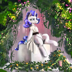 Size: 2000x2000 | Tagged: safe, artist:imadeus, imported from derpibooru, rarity, pony, unicorn, clothes, dress, looking away, plants, potted plant, sitting