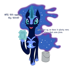 Size: 2187x1977 | Tagged: safe, artist:wapamario63, imported from ponybooru, nightmare moon, alicorn, pony, armor, bucket, cute, dialogue, female, glass, helmet, jewelry, looking at you, magic, magic aura, mare, milk, regalia, simple background, talking to viewer, telekinesis, text, transparent background