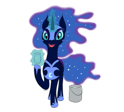 Size: 2187x1977 | Tagged: safe, artist:wapamario63, imported from ponybooru, nightmare moon, alicorn, pony, armor, bucket, cute, female, glass, helmet, jewelry, looking at you, magic, magic aura, mare, milk, regalia, simple background, telekinesis, transparent background