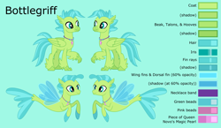 Size: 4269x2474 | Tagged: safe, artist:ethanjacobsyrosca, imported from derpibooru, oc, oc only, oc:bottlegriff, classical hippogriff, hippogriff, sea pony, seapony (g4), green background, high res, hippogriff oc, jewelry, male, necklace, not terramar, reference sheet, seapony oc, simple background, solo, vector