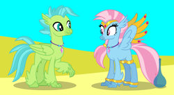 Size: 9419x5168 | Tagged: safe, artist:ethanjacobsyrosca, imported from derpibooru, oc, oc only, oc:bottlegriff, oc:wishgriff, classical hippogriff, genie, hippogriff, absurd resolution, bottle, bracelet, brother and sister, circlet, clothes, desert, female, fraternal twins, hippogriff oc, jewelry, leggings, male, not silverstream, not terramar, sand, shadow, siblings, vector, wing jewelry