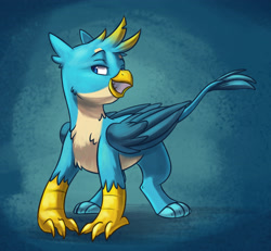 Size: 3785x3504 | Tagged: safe, artist:chub-wub, imported from derpibooru, gallus, griffon, blue background, grin, high res, male, open mouth, simple background, smiling, smug, solo