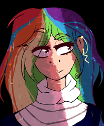 Size: 1140x1380 | Tagged: safe, artist:vaineart's, imported from derpibooru, rainbow dash, human, alternate hairstyle, black background, drawing, female, humanized, rainbow, shadow, simple background, solo