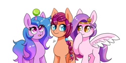 Size: 1366x685 | Tagged: safe, artist:zachc, imported from derpibooru, izzy moonbow, pipp petals, sunny starscout, earth pony, pegasus, pony, unicorn, adorapipp, ball, cute, female, g5, horn, hornball, izzy's tennis ball, mare, simple background, tennis ball, trio, white background