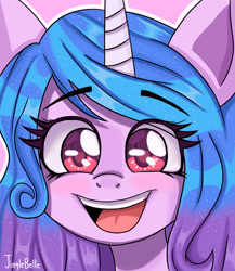 Size: 1778x2048 | Tagged: safe, artist:jinglebelle, imported from derpibooru, izzy moonbow, pony, unicorn, :d, blushing, bust, cute, eyelashes, female, g5, horn, izzybetes, looking at you, mare, open mouth, portrait, signature, smiling, solo, surprised