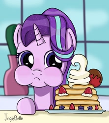 Size: 1822x2048 | Tagged: safe, artist:jinglebelle, imported from derpibooru, starlight glimmer, pony, unicorn, a royal problem, aweeg*, bust, cheek squish, cute, eating, eyelashes, female, food, glimmerbetes, herbivore, indoors, mare, pancakes, puffy cheeks, scene interpretation, smiling, solo, squishy cheeks