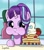 Size: 1822x2048 | Tagged: safe, artist:jinglebelle, imported from derpibooru, starlight glimmer, pony, unicorn, a royal problem, aweeg*, bust, cheek squish, cute, eating, eyelashes, female, food, glimmerbetes, herbivore, indoors, mare, pancakes, puffy cheeks, scene interpretation, smiling, solo, squishy cheeks